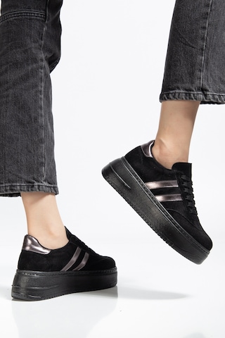 Bahrina Kadın Kalın Tabanlı Sneaker Siyah Süet Platin