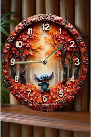 3d Görünümlü "stitch İle Sonbahar" Mdf Duvar Saati Sdw323 Renkli