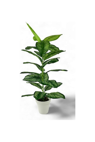 Yapay Çiçek Difenbahya Tropik Sarı Şeritli 80cm 23 Yapraklı Salon Çiçeği Beyaz Saksılı Yapay Bitki