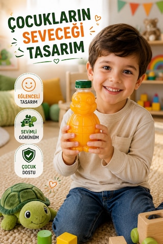5'li Şeffaf Kaplumbağa Şişe Yeşil Kapaklı Pet İçecek Şişesi Çocuk Beslenme Matarası 250 Ml