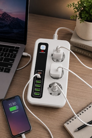 3000w Akıllı 3'lü Priz Usb' Li Uzatma Kablo - 4 Usb + 2 Type-c Hızlı Şarj 2 Mt Uzatma Kablo 2 - 5 M