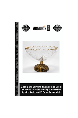 Özel Seri Sunum Tabağı Göz Alıcı Ev Dekoru Gold Detaylı Eskitme Ayaklı Dekoratif Cam Sunumluk