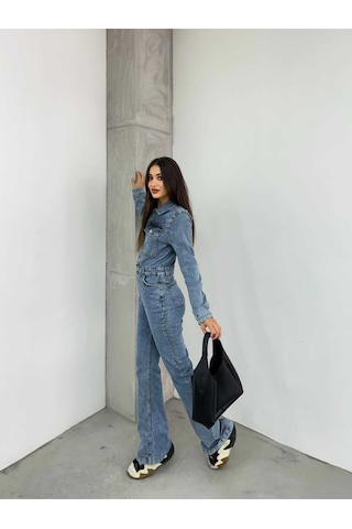 Shevega Kadın Mavi Ispanyol Paça Ceketli Denim Tulum Mavi