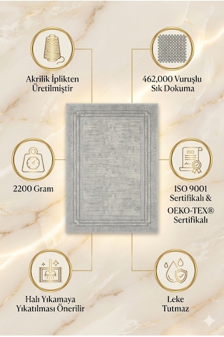 Premium Akrilik Modern Salon Halısı - 462.000 Vuruş Sık Dokuma Leke Tutmaz Seri Gri