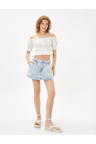 Koton Crop Madonna Yaka Bluz Omzu Açık Kısa Kollu Fırfırlı Dokulu Beyaz 3sal60230ıw 3SAL60230IW000 Beyaz