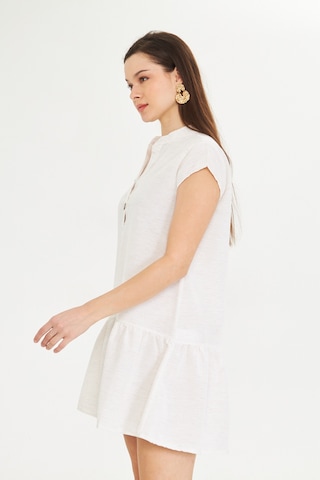 Ekru Keten Mini Elbise Beyaz