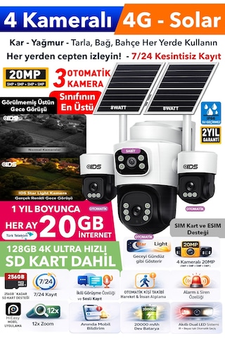 20mp 4 Kameralı 3 Otomatik 4g Güneş Enerjili Solar Güvenlik Kamerası 240gb İnternet 128gb Sd Kart