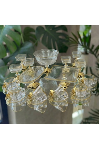 Alfafe Home Paşabahçe Gold Detaylı Metal Ayaklı Sunum Ve Servis Seti Pasta,magnolia,çay Seti,kurabiyelik Sarı