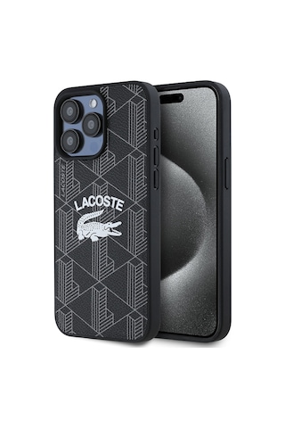 Apple Uyumlu iPhone 15 Pro Max Kılıf Lacoste Lisanslı Magsafe Özellikli Mono Vintage Logo Kapak Siyah Siyah