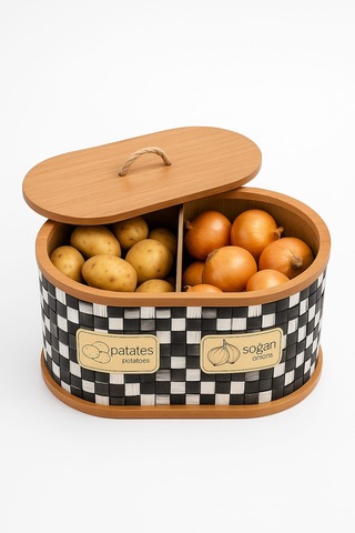 Dekorasyaa 2 Bölmeli Patates Soğanlık - Bambu - Oval Dama Desen Beyaz - Siyah