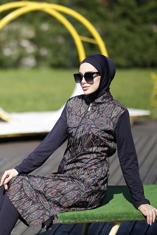 Tam Kapalı Tesettür Mayo Rengi Rengarenk Yaprak Merve Siyah