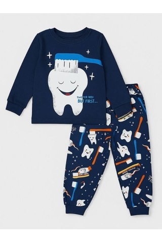 Zekids Erkek Çocuk Pamuklu Diş Baskılı Pijama Takımı-16050 Lacivert