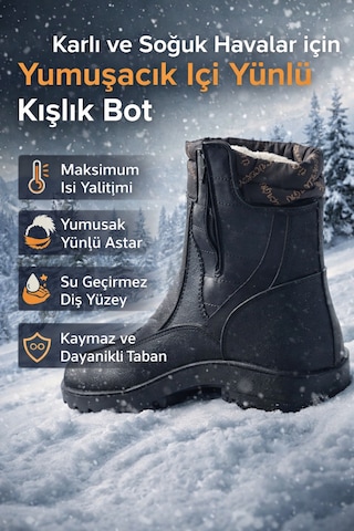 Erkek İçi Yünlü Astarlı Su Geçirmez Kışlık Günlük Kar Botu Siyah