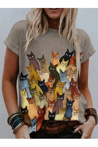 Simala Kadın Kısa Kollu Bisiklet Yaka Kedi Desenli Süprem Bluz SÜTLÜ KAHVE