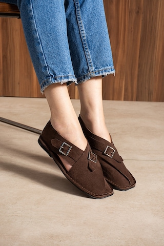 Duxal Shoes Cooper İçi Hakiki Deri Süet Kadın Sandalet Tokalı Günlük Rahat Ayakkabı - Babet Acıkahve