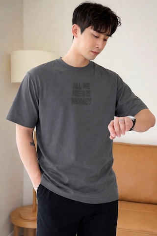 Tarz Cool Erkek Oversize Tişört Baskılı All We Need Is Money Yazılı Basic Streetwear T-shirt Gri