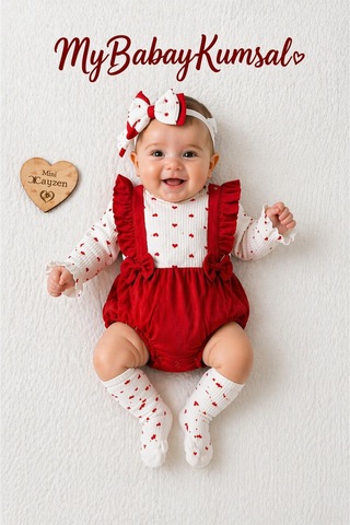 Cayzen Kız Bebek Kalpli Romper Bandana Çorap Aksesuarlı 2068 Kırmızı Kırmızı
