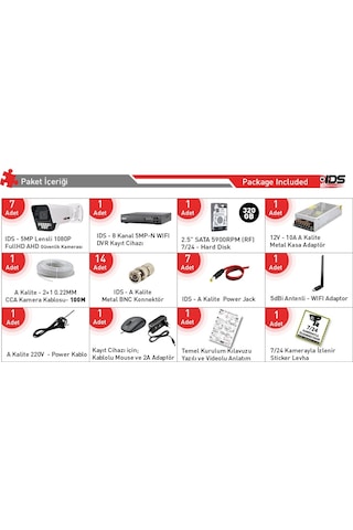 7 Kameralı 1080p Fullhd 5mp Lensli 9 Led Gece Görüşlü Güvenlik Kamerası Seti - 320gb