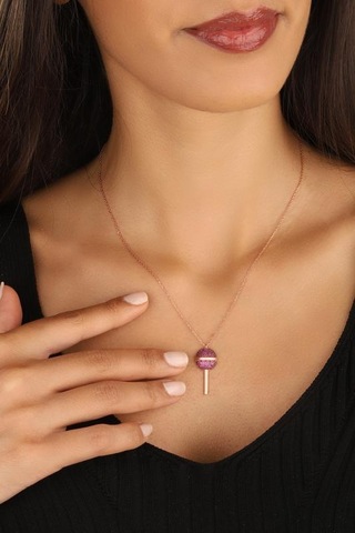 Pembe Taşlı Lolipop Şeker Gümüş Kolyesi Rose Gold