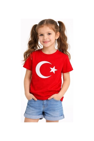 Primemağazam Kız Çocuk Tişört Bisiklet Yaka Ay Yıldız Bayrak Baskılı T-shirt - Kırmızı Çeşitli