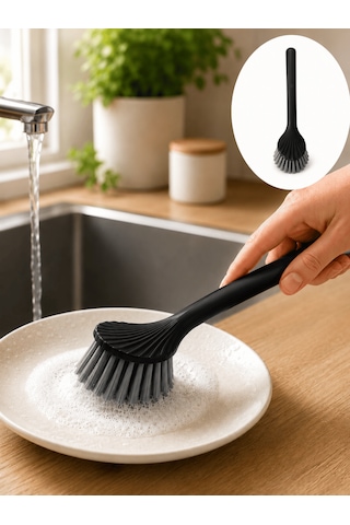 Beylini Tezgah Üstü Silikon Uçlu Bulaşık Yıkama Fırçası Çizdirmez Lavabo Tezgah Üstü Tabak Bardak Banyo Fırça Siyah