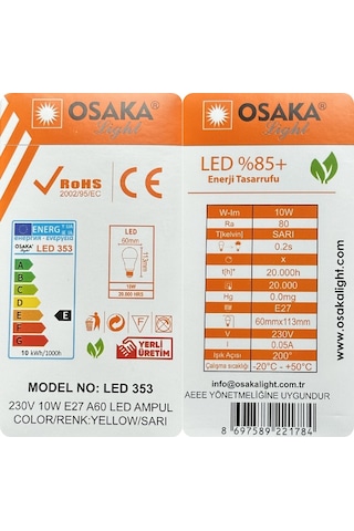 10 Adet Osaka 10w Sarı Işık E27 Duylu Kalın Duy Led Ampul