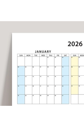 Amerikan Standardı 2027 Yıllık Planlayıcı Duvar Takvimi, Pazar Günü Başlangıçlı Takvim, Aylık Planla