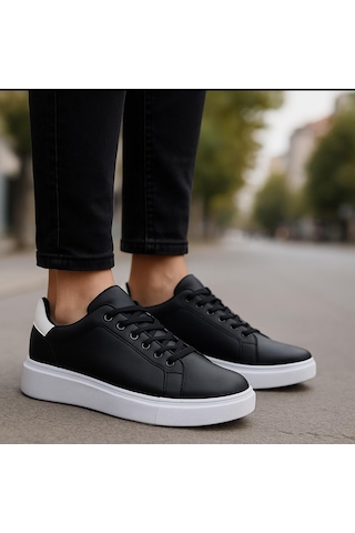 Erkek Siyah Beyaz Tabanlı Bağcıklı Sneaker Spor Ayakkabı-641 Siyah  -  Beyaz