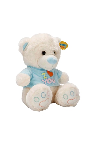 Mavi Tişörtlü Oturan Peluş Ayı Love Yumuşak Sevimli Oyuncak Büyük Boy Hediye Ayıcık 40 Cm