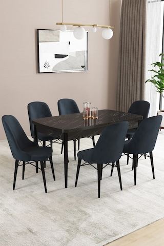 Familieconcept Almira Serisi, Siyah Mermer Desen 80x132 Açılabilir Mdf Mutfak Masası Takımı 6 Adet Sandalye Antrasit