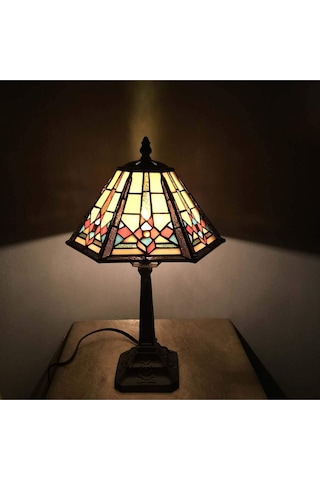 Masa Lambası Tiffany Vitray Gece Lambası, Altıgen Koni Abajurlu, 10" G X 16" Y