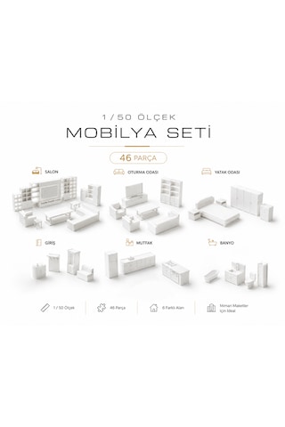 46 Parça Minyatür Mobilya Seti Boyanabilir Mimari Maket İç Mimari Salon, Yatak Odası, Oturma Odası, Giriş, Banyo, Mutfak