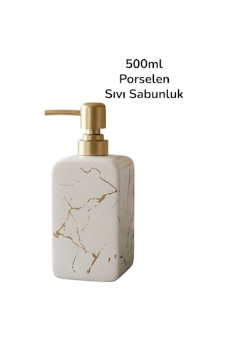 Lüks Porselen Sıvı Sabunluk 500ml Beyaz Mermer