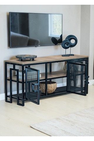 Dekoratif Metal Gövdeli Ahşap Raflı Tv Ünitesi 3 Raflı 3 Kapaklı Tv Sehpası 120 X 30 Cm Televizyon Ünitesi Siyah