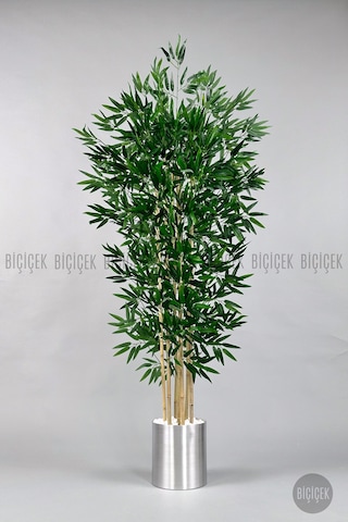 Biçiçek Yapay Bambu Ağacı 180cm Metal Saksıda Yoğun Yapraklı 7 Dallı