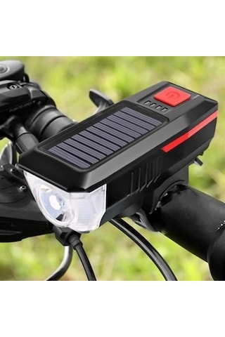 Solar Enerjili Usb İle Şarj Edilebilir Ledli Bisiklet Feneri Kornalı Ve Su Geçirmez Far Çok Renkli