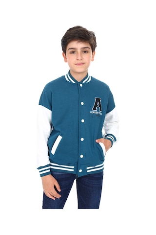 Toontoy Kids Toontoy Erkek Çocuk Kolej Yaka Çıtçıt Kapama Cepli Düşük Omuz Nakış Baskılı Renk Bloklu Örme Hırka - 2 İplik Şardonlu Petrol Mavi