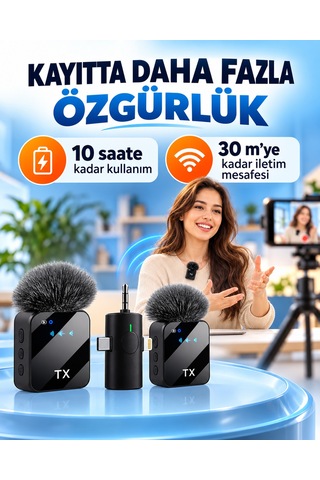 Kablosuz Yaka Mikrofonu 2 Li Mikrofon 3 İn 1 Wireless Microphone