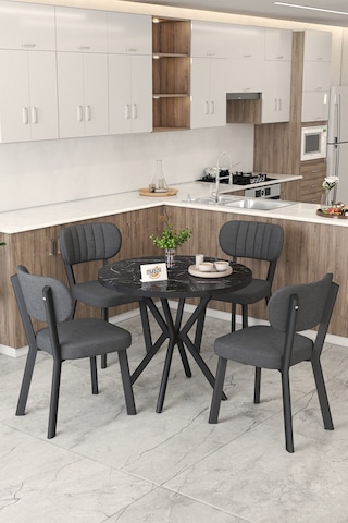 Gnr 90cm Sabit Siyah Mutfak Masası Takımı, Yemek Masası, 4 Modern Antrasit Sandalye Antrasit