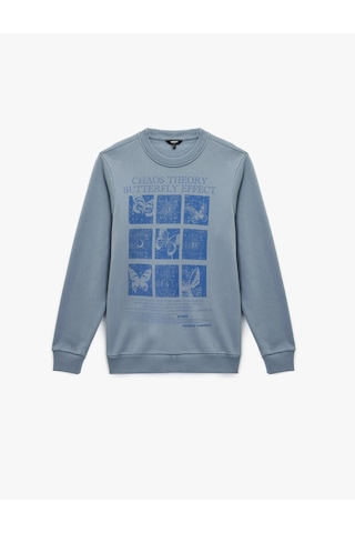 Koton Uzun Kollu Bisiklet Yaka Şardonlu Baskılı Sweatshirt Mavi 6wam70044mk Mavi