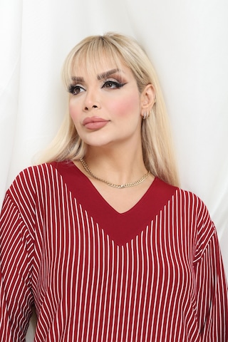 Bambu Viskon V Yaka Uzun Kollu Bluz Rahat Kalıp, Büyük Beden Xl 6xl Bordo