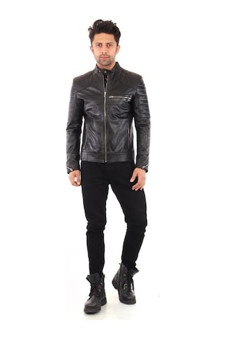 Hakiki Deri Siyah Erkek Deri Mont Omuz Çizgi Detaylı Üç Cepli Fermuarlı Deri Ceket Siyah