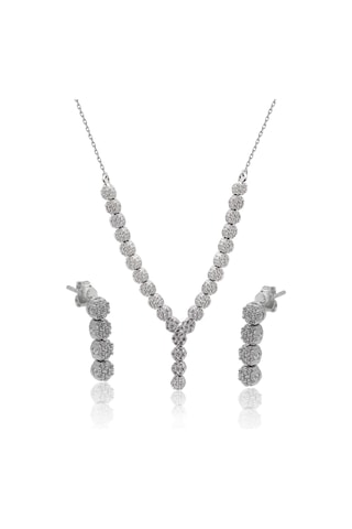 Zirkon Taşlı Yuvarlak Model 925 Ayar Gümüş İkili Set 201024691 Gümüş