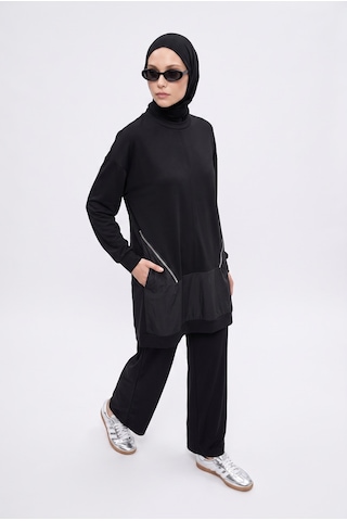 Armine Trend Fermuar Detaylı Uzun Tunik Ve Pantolonlu İkili Takım Siyah 26yt690