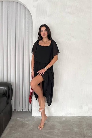 Dipmoda Kadın Siyah Pileli Midi Boy Şifon Elbise Dpk4102 Siyah