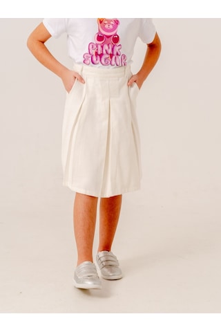 Kız Çocuk Gabardin Pileli Keten Etek 2958 Beyaz
