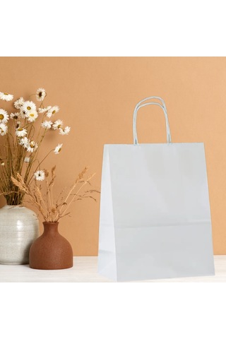 Büküm Saplı Kağıt Poşet Çanta 8x18x24 Cm Hediye Ve Alışveriş Çantası, 25 Adet, Beyaz Renk Tüm Yaşlar