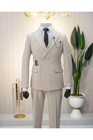 Bys Beystil Erkek Bej Slimfit Beli Tokalı Takım Elbise