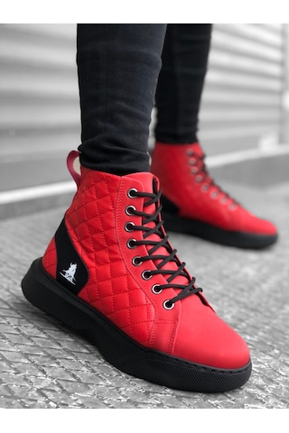 Ba0159 Bağcıklı Kırmızı Kapitone Erkek Yüksek Taban Spor Bot Kırmızı