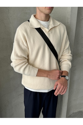Erkek Polo Yaka Örme Oversize Kazak Krem